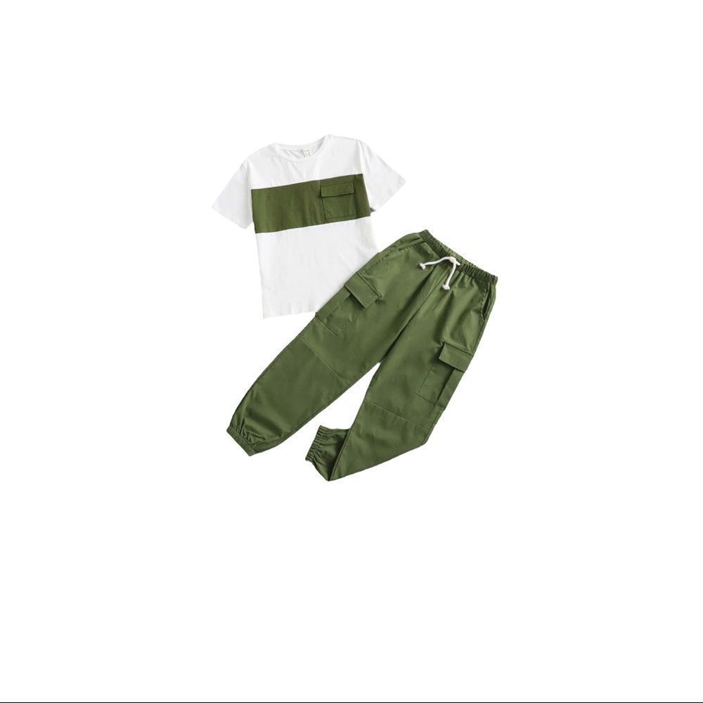 SHEIN Boys Drop Shoulder Flap Pocket Colorblock Tee & Drawstring Waist Sweatpant